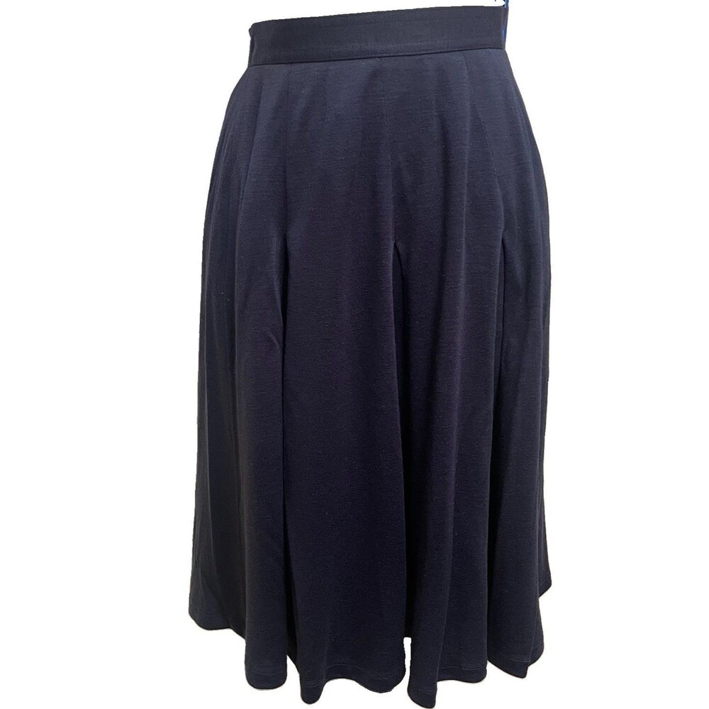 VTG JAEGER Navy Blue Pleated Midi Skirt Wool Blend Dark Academia Preppy Lady 6
